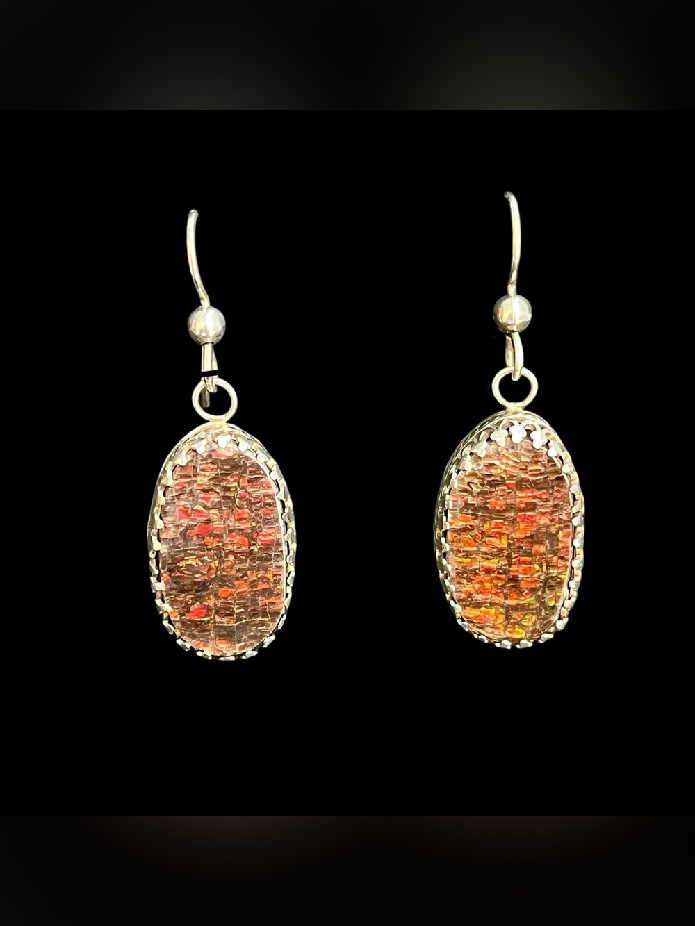 Artisan Vintage Sterling Silver Ammolite Dangle Earrings 1.5" Multi Flash